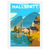 Une représentation sereine de Hallstatt, Autriche avec des teintes vertes et bleues - dans un cadre blanc