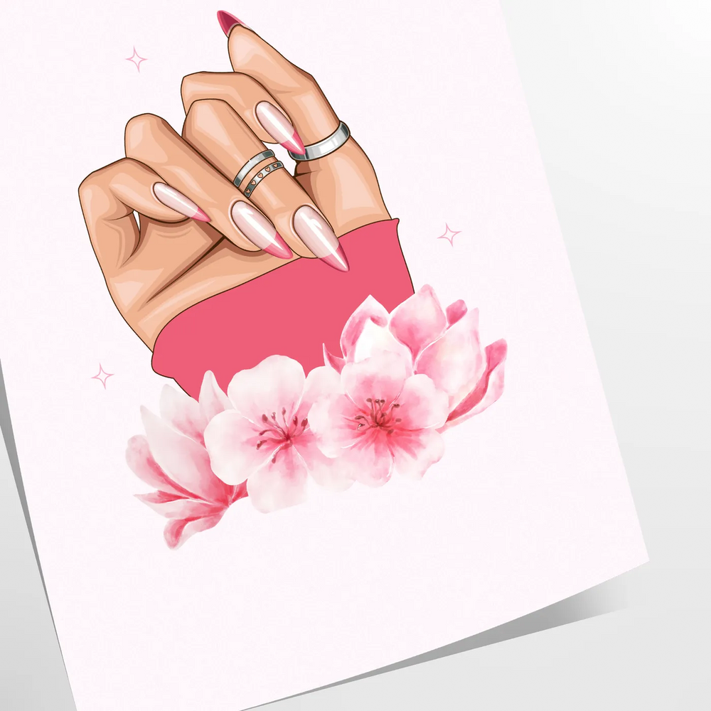 A modern hand illustration in gray and green tones