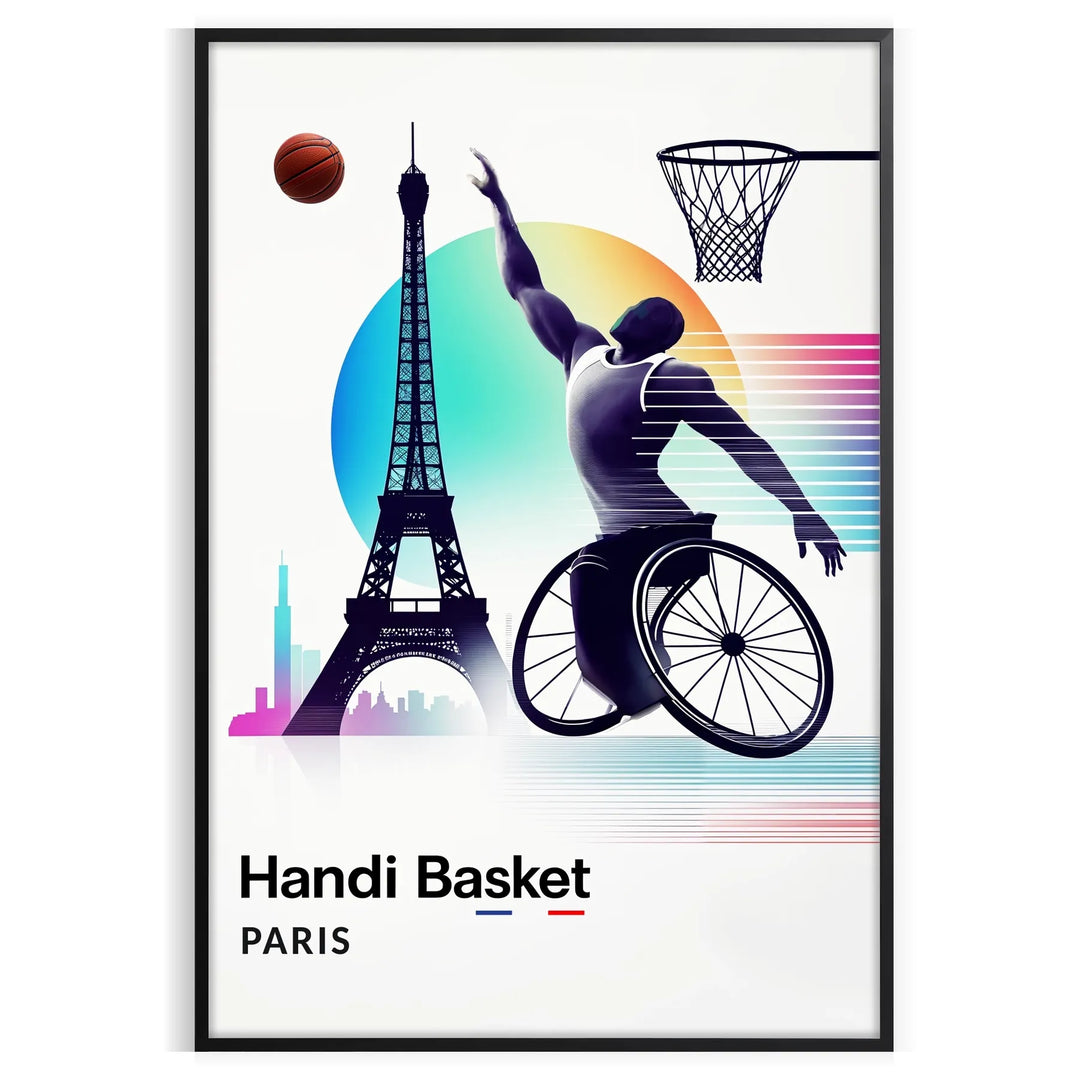 Poster showing dynamic wheelchair basketball players in Paris, graphic sports illustration.