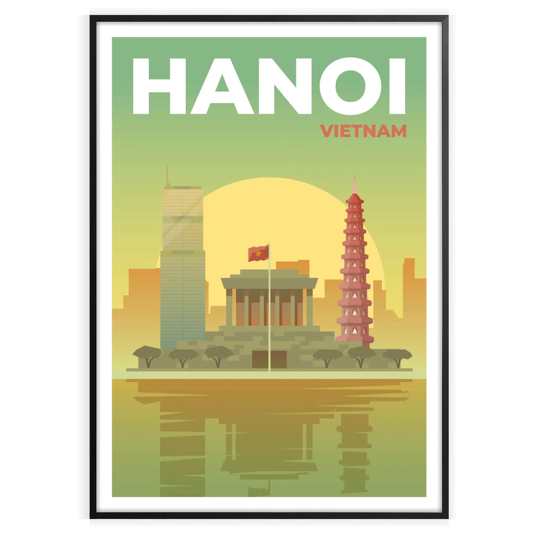 Travel poster featuring Hanoi's skyline in green and gray tones