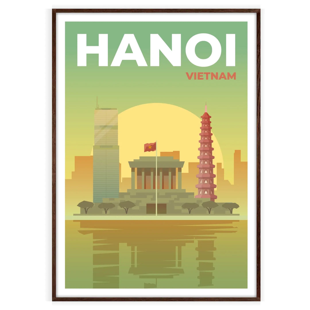 Travel poster featuring Hanoi's skyline in green and gray tones - in a walnut frame