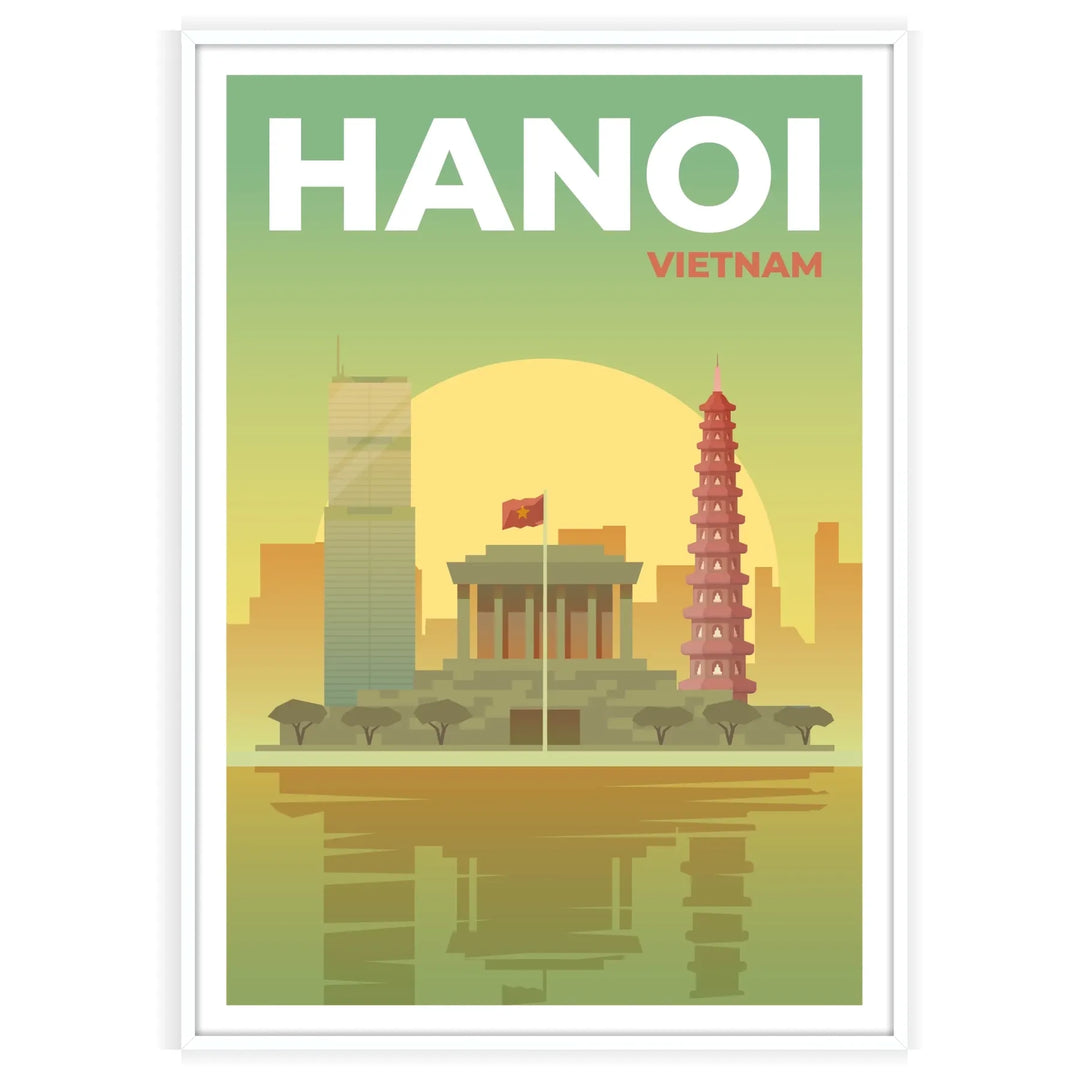 Travel poster featuring Hanoi's skyline in green and gray tones - in a white frame