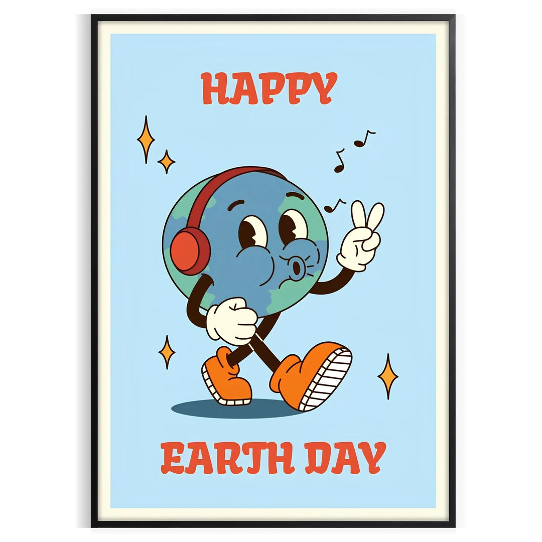 Affiche au style rétro présentant un design coloré pour la Journée de la Terre avec des teintes orange et noires - dans un cadre noir