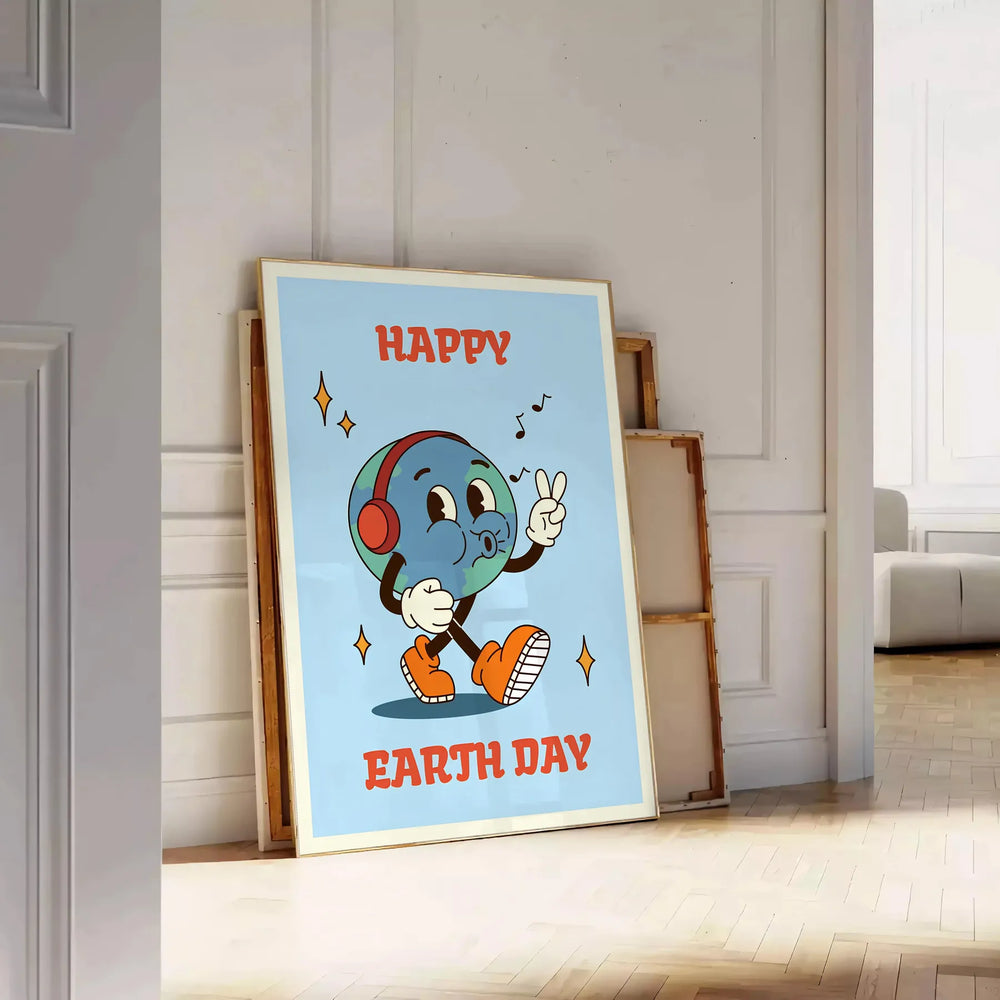 Retro-style poster featuring a colorful Earth Day design with bold orange and black hues