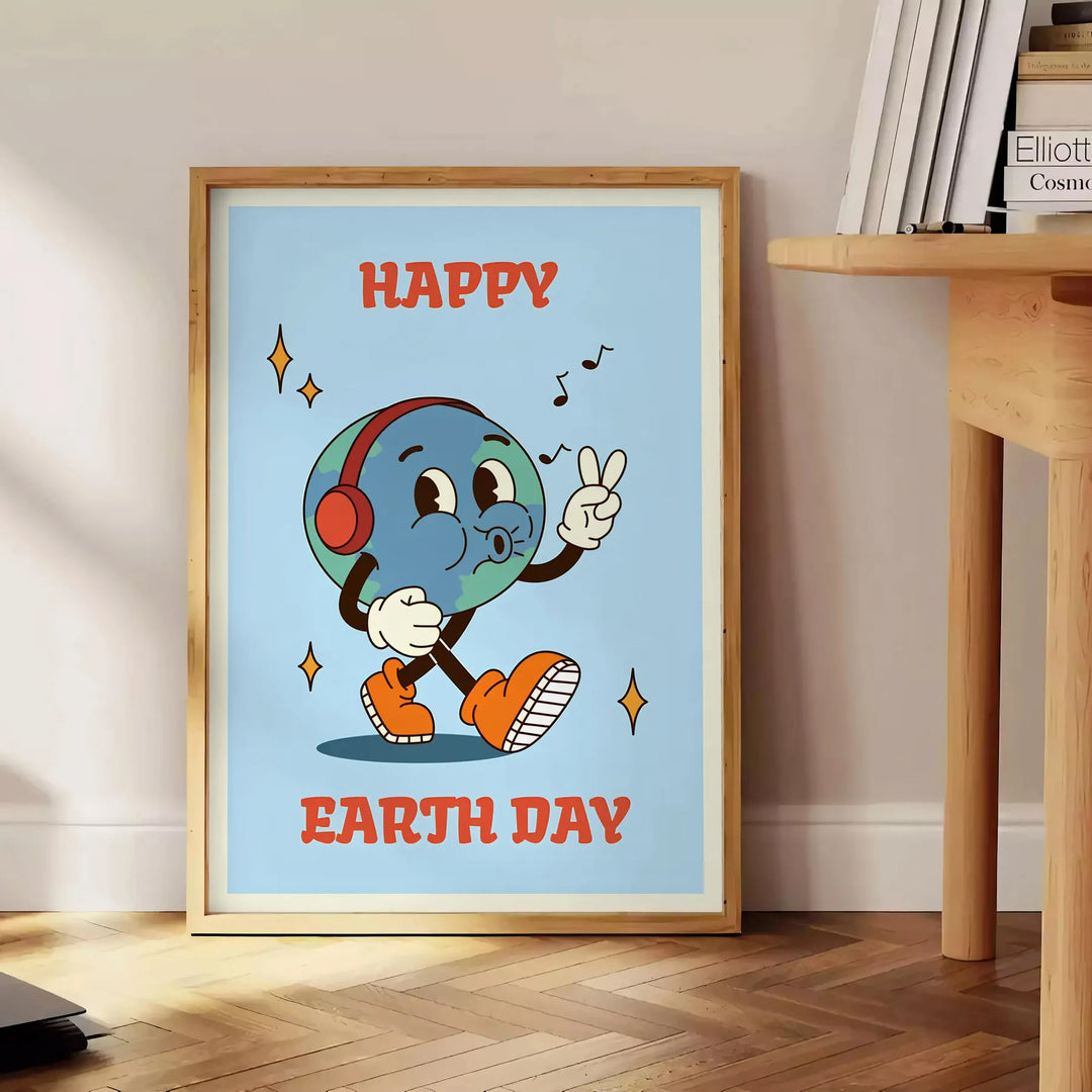 Affiche au style rétro présentant un design coloré pour la Journée de la Terre avec des teintes orange et noires - à côté d'une table d'appoint ronde en bois avec des livres