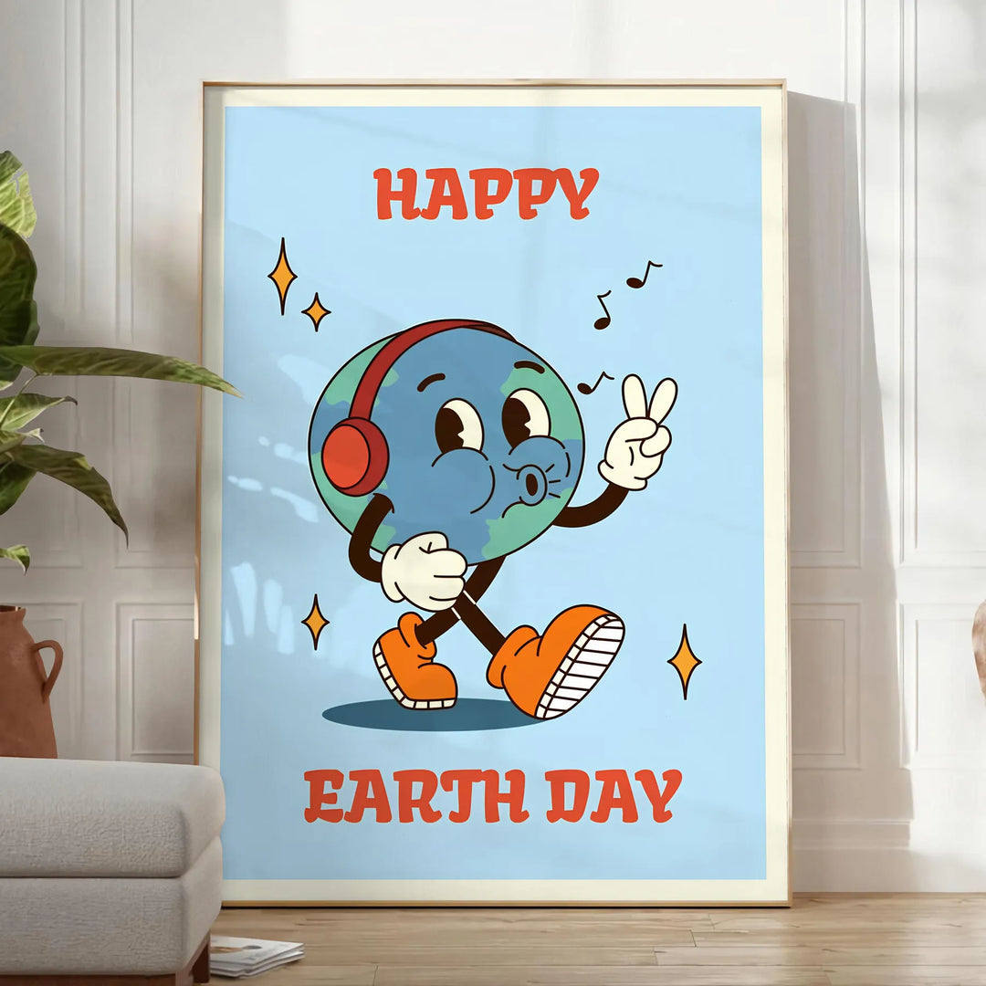 Affiche au style rétro présentant un design coloré pour la Journée de la Terre avec des teintes orange et noires - dans une pièce lumineuse épurée avec plante et fauteuil