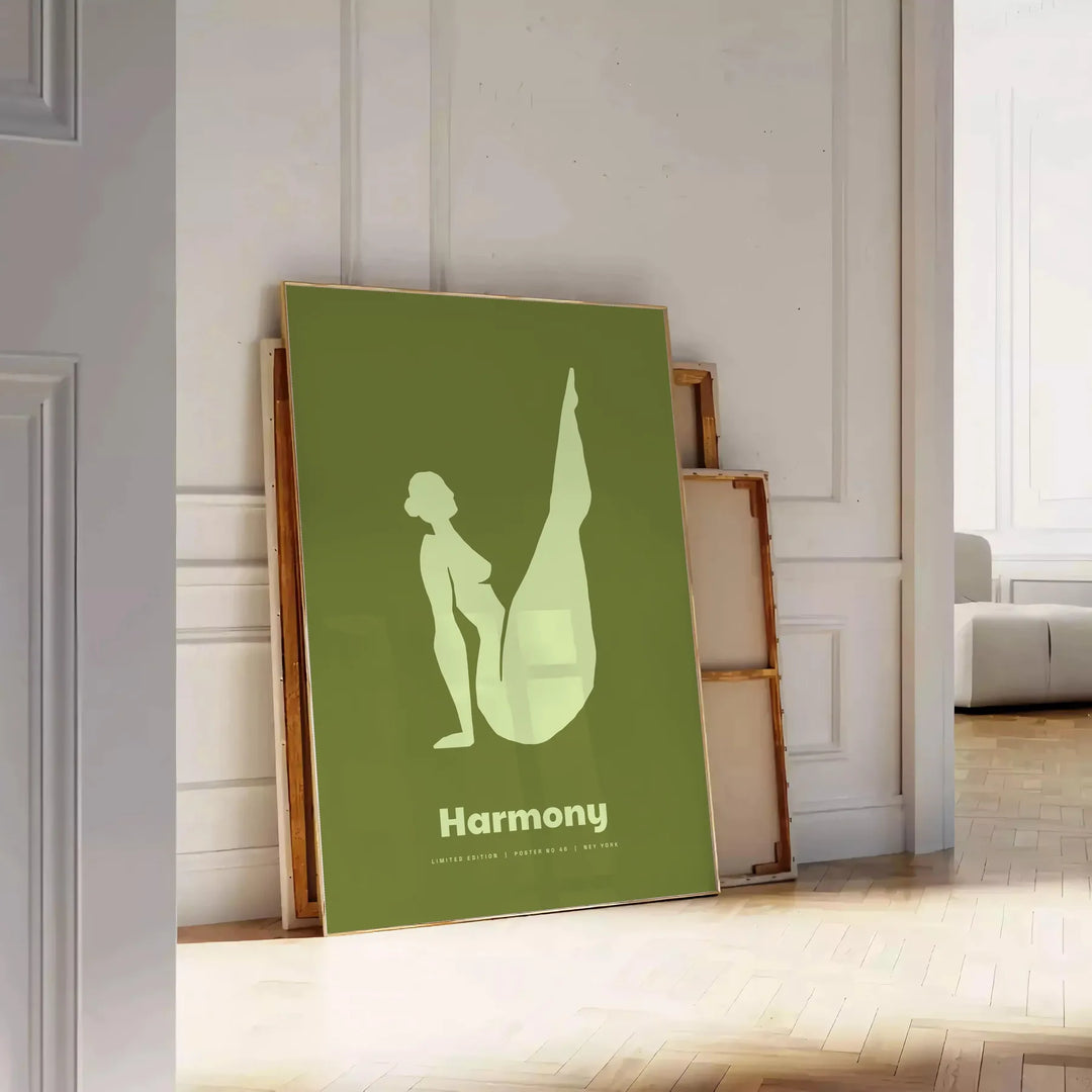 abstract representation of yoga poses in calming green tones - leaning on a herringbone floor against a white panelled wall