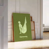 abstract representation of yoga poses in calming green tones - leaning on a herringbone floor against a white panelled wall