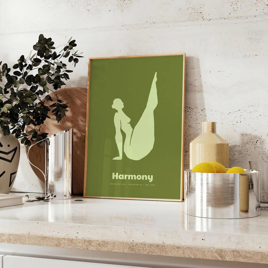 abstract representation of yoga poses in calming green tones - styled on a counter with eucalyptus and a bowl of lemons