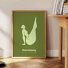 abstract representation of yoga poses in calming green tones - beside a round wooden side table with books