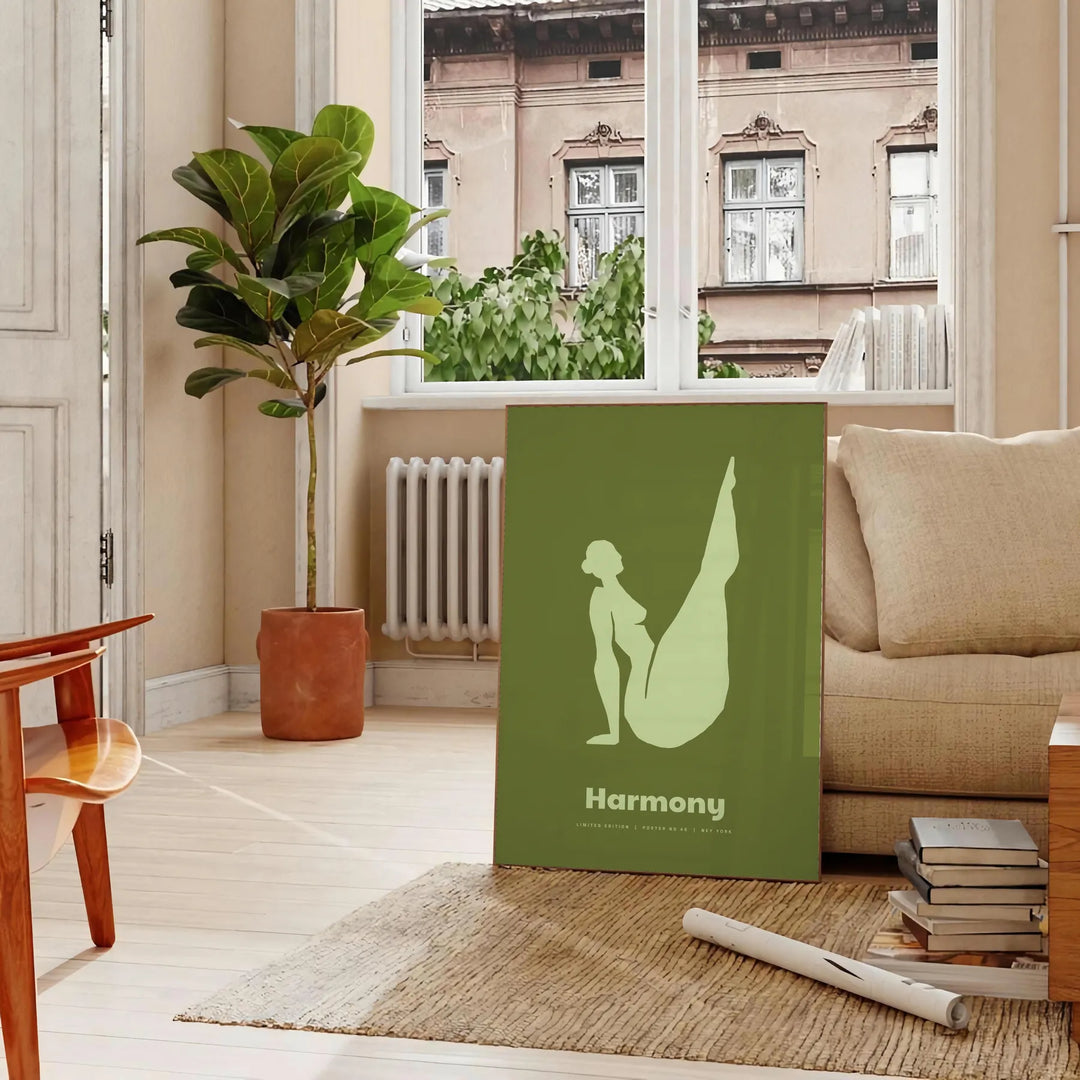 abstract representation of yoga poses in calming green tones - in a Parisian living room with a sofa and a fig plant