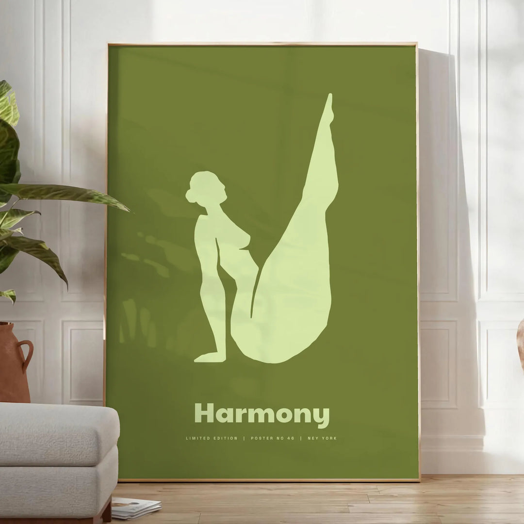 abstract representation of yoga poses in calming green tones - in a bright minimalist room with a plant and an armchair