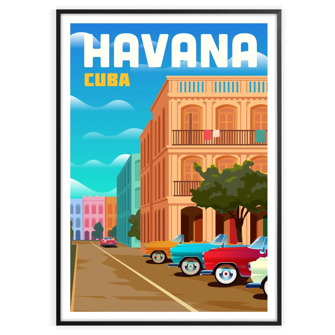 Colorful Havana street scene with classic cars and palm trees