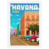 Colorful Havana street scene with classic cars and palm trees - in a white frame