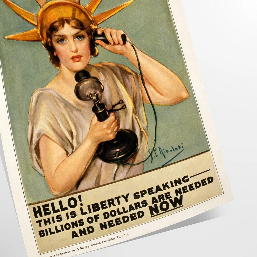 Vintage poster featuring a telephone with a green background and bold text.
