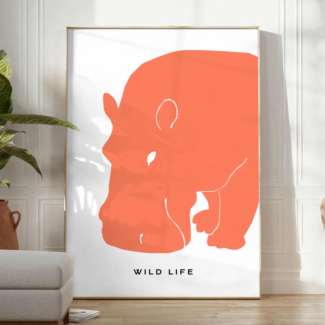 A black and orange hippopotamus in a natural setting, wildlife art - in a bright minimalist room with a plant and an armchair