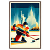 Dynamic hockey player in action against a bold red and orange background - in a walnut frame
