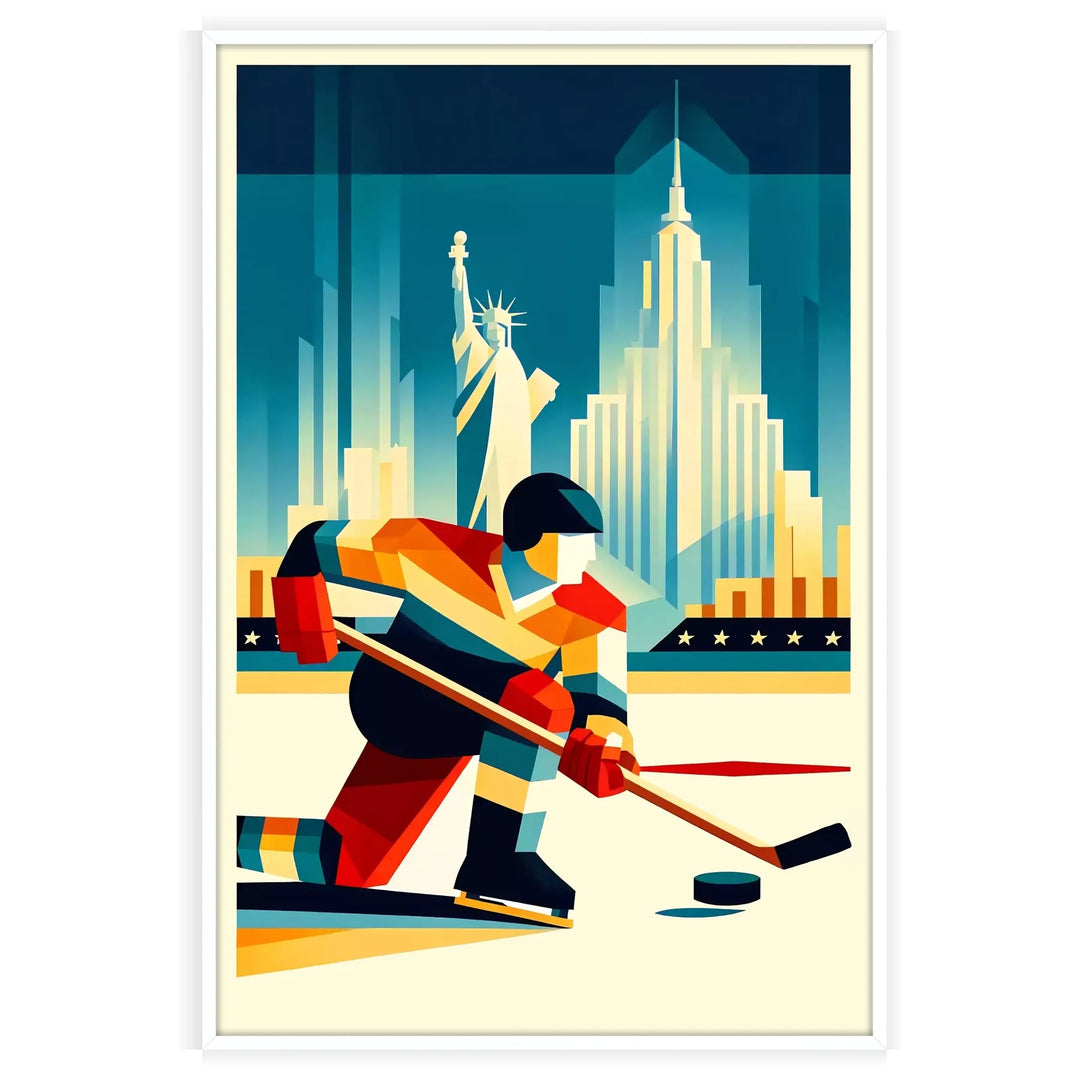 Dynamic hockey player in action against a bold red and orange background - in a white frame