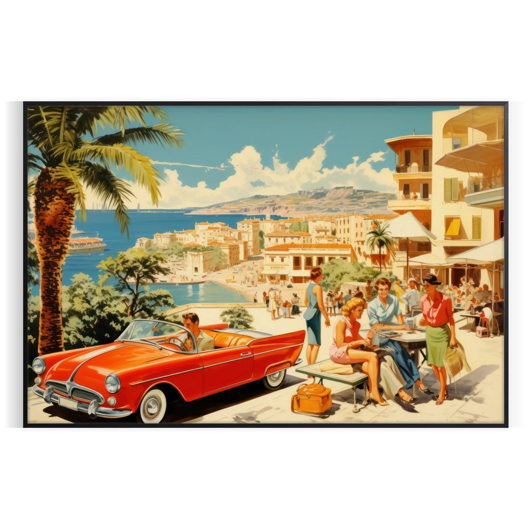 A festive travel poster featuring holiday elements in green and red tones