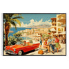 A festive travel poster featuring holiday elements in green and red tones - in a black frame