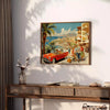 A festive travel poster featuring holiday elements in green and red tones - styled on a counter with eucalyptus and a bowl of lemons
