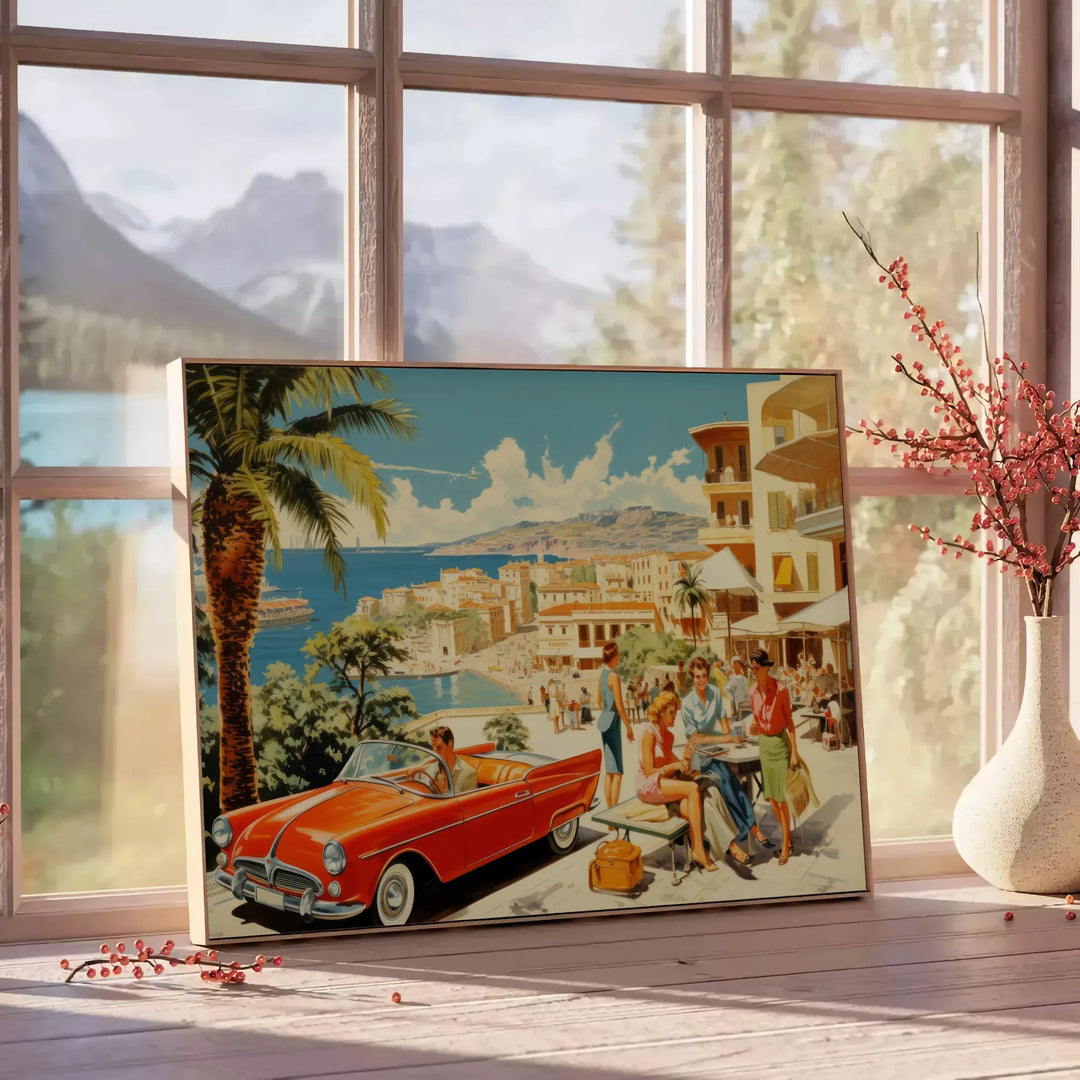 A festive travel poster featuring holiday elements in green and red tones - beside a round wooden side table with books