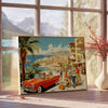 A festive travel poster featuring holiday elements in green and red tones - beside a round wooden side table with books