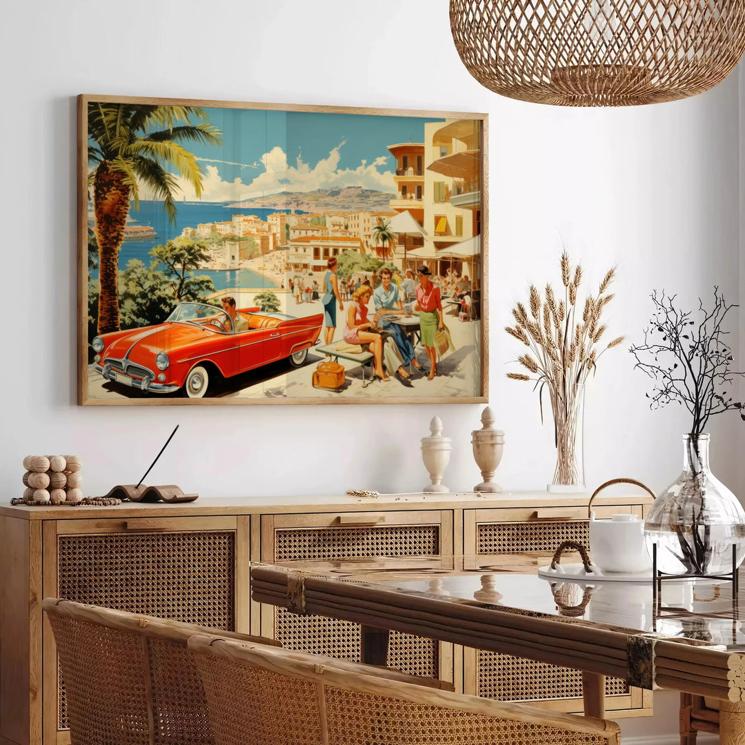 A festive travel poster featuring holiday elements in green and red tones - in a Parisian living room with a sofa and a fig plant