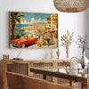 A festive travel poster featuring holiday elements in green and red tones - in a Parisian living room with a sofa and a fig plant
