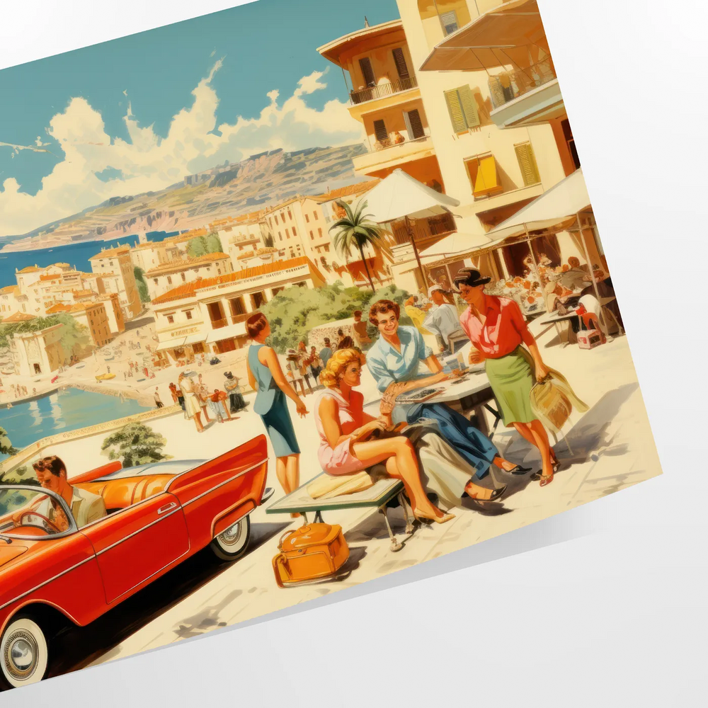 A festive travel poster featuring holiday elements in green and red tones