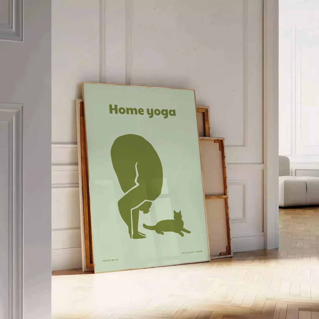 A serene yoga scene with a person practicing in calming green and gray tones - leaning on a herringbone floor against a white panelled wall