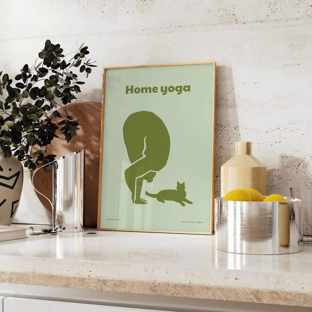 A serene yoga scene with a person practicing in calming green and gray tones - styled on a counter with eucalyptus and a bowl of lemons