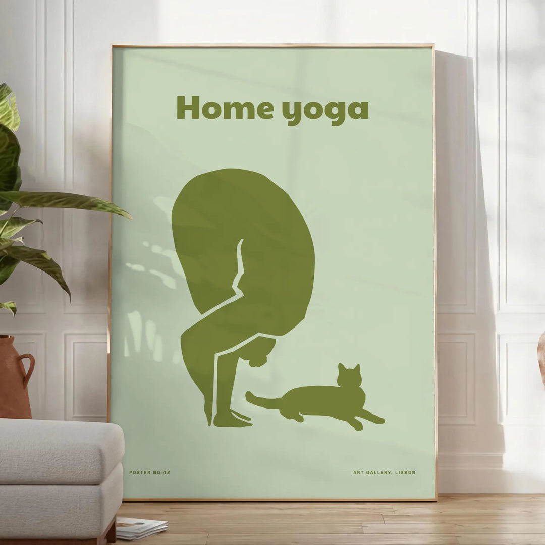 A serene yoga scene with a person practicing in calming green and gray tones - in a bright minimalist room with a plant and an armchair