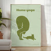 A serene yoga scene with a person practicing in calming green and gray tones - in a bright minimalist room with a plant and an armchair