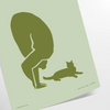 A serene yoga scene with a person practicing in calming green and gray tones