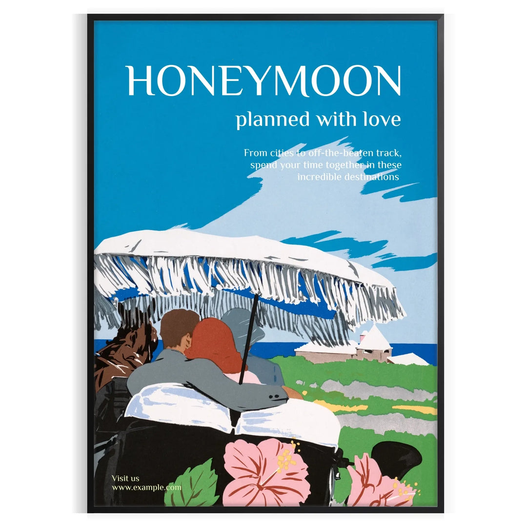 A romantic travel poster featuring a couple on a honeymoon, with blue and black tones.