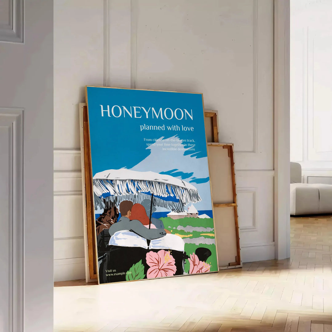 A romantic travel poster featuring a couple on a honeymoon, with blue and black tones. - leaning on a herringbone floor against a white panelled wall