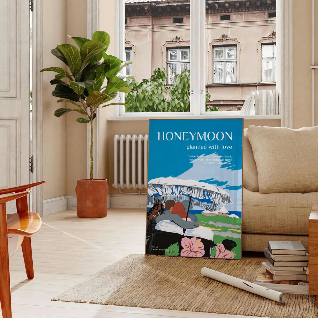 A romantic travel poster featuring a couple on a honeymoon, with blue and black tones. - in a Parisian living room with a sofa and a fig plant