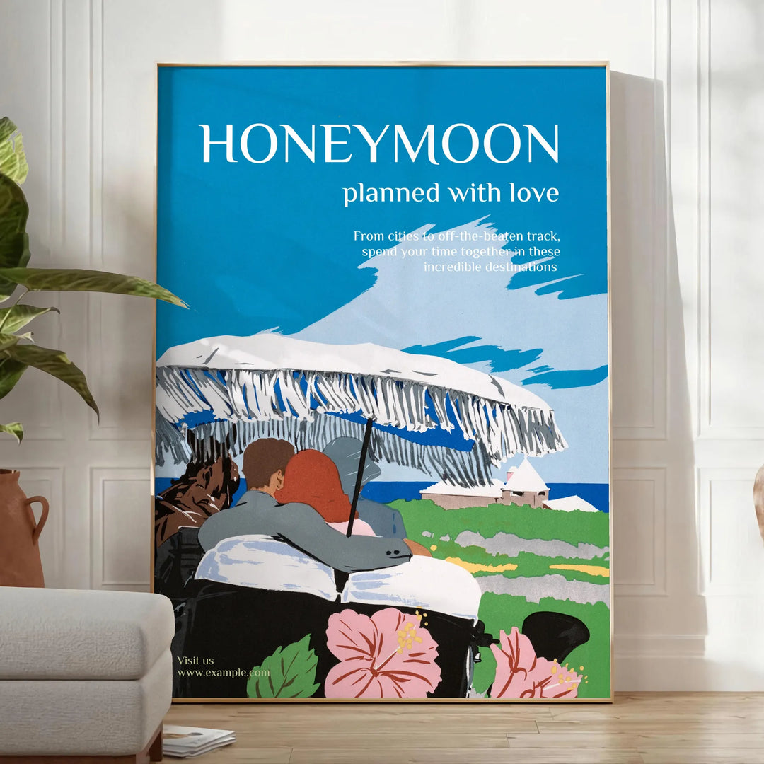 A romantic travel poster featuring a couple on a honeymoon, with blue and black tones. - in a bright minimalist room with a plant and an armchair