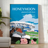 A romantic travel poster featuring a couple on a honeymoon, with blue and black tones. - in a bright minimalist room with a plant and an armchair