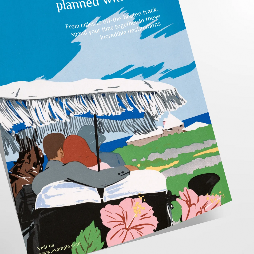 A romantic travel poster featuring a couple on a honeymoon, with blue and black tones. - as a rolled, unframed print