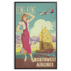 Vintage travel poster featuring Hong Kong with green and blue tones - in a black frame