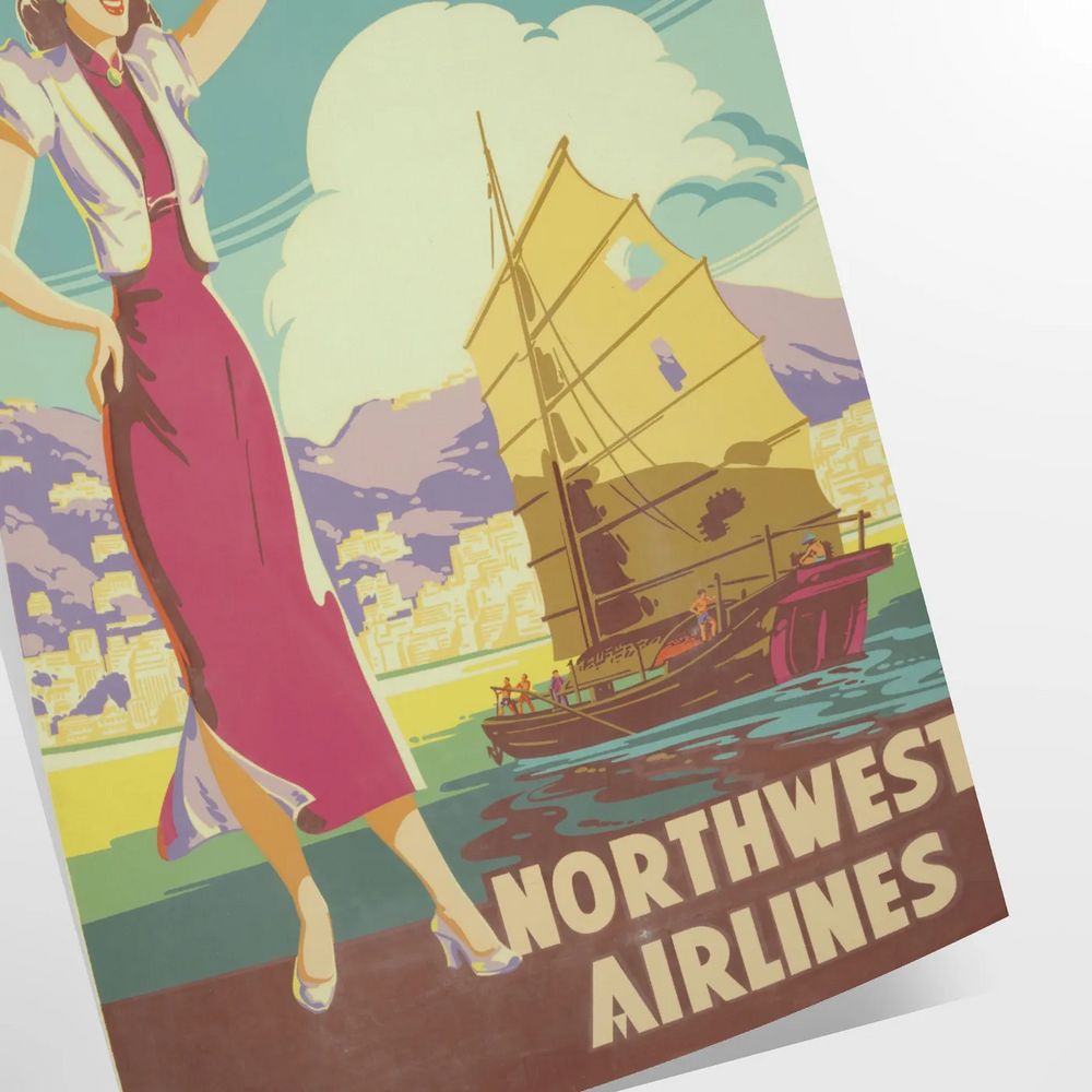 Vintage travel poster featuring Hong Kong with green and blue tones
