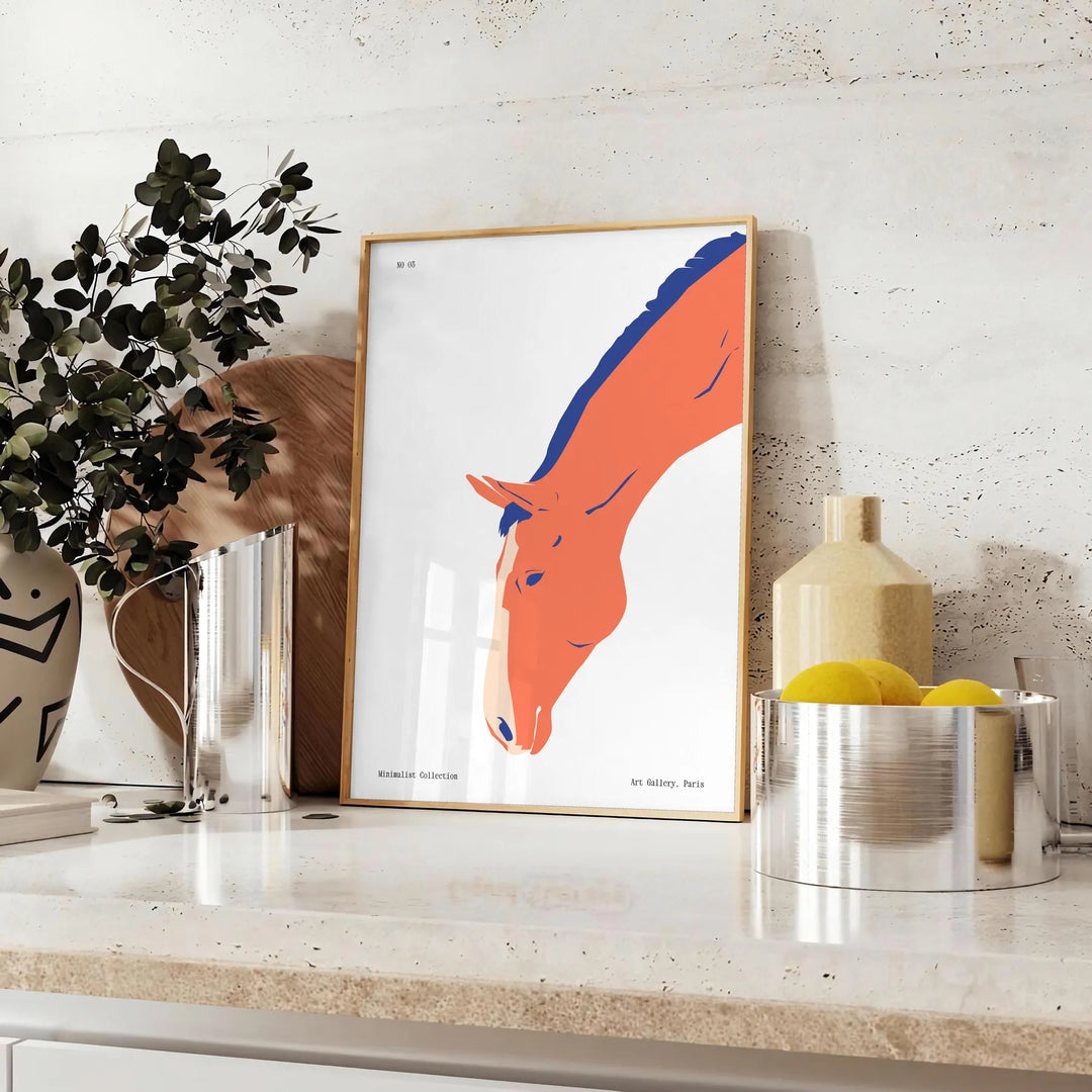 Un cheval galopant à travers un paysage cosmique avec des nuances orange et bleu - sur un plan de travail avec eucalyptus et coupe de citrons