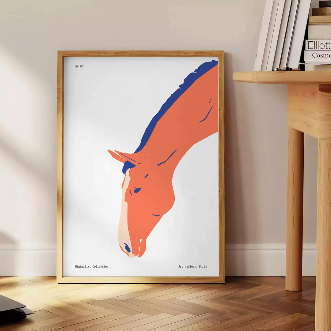 Un cheval galopant à travers un paysage cosmique avec des nuances orange et bleu - à côté d'une table d'appoint ronde en bois avec des livres