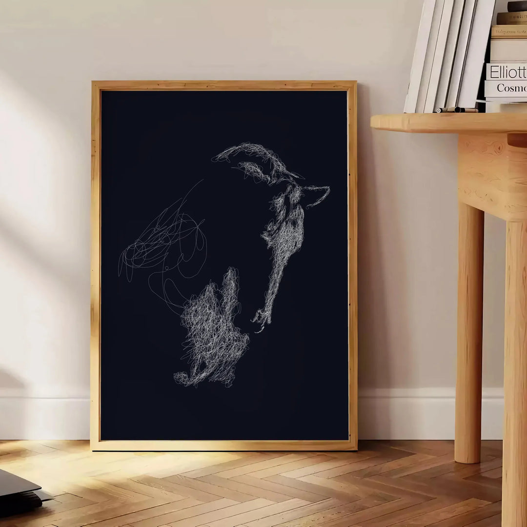 Affiche captivante thème cheval noir vert un effet saisissant espace cadeau unique disponible - à côté d'une table d'appoint ronde en bois avec des livres