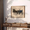 A vintage-style travel poster featuring a horse against a green landscape - styled on a counter with eucalyptus and a bowl of lemons