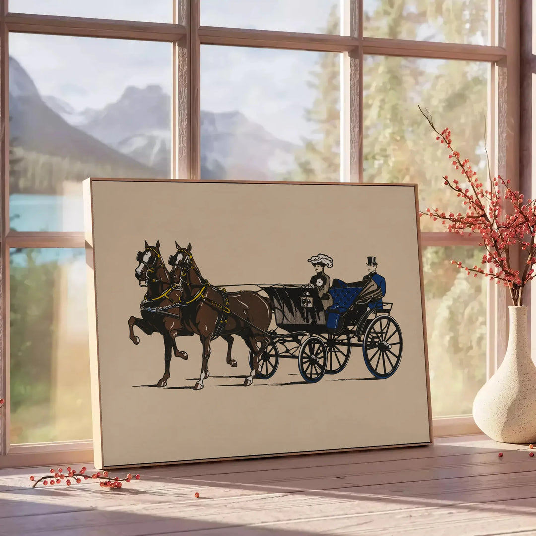 A vintage-style travel poster featuring a horse against a green landscape - beside a round wooden side table with books