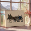 A vintage-style travel poster featuring a horse against a green landscape - beside a round wooden side table with books