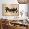 A vintage-style travel poster featuring a horse against a green landscape - in a Parisian living room with a sofa and a fig plant